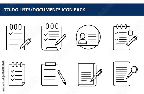 To-do lists and documents icon pack featuring various formats for note-taking and record-keeping. Simple line drawings of lists, checklists, and ID cards with pens displayed in a white background.