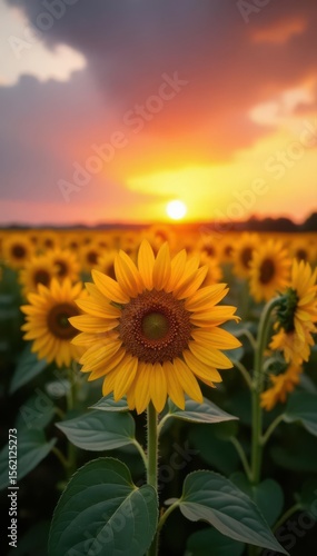 Sun-kissed sunflowers in a vast field at sunset , sun-drenched, background