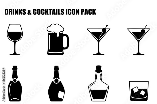 Drinks and cocktails icon set featuring various beverages in different containers.
