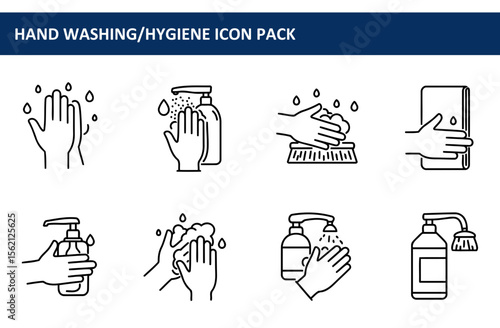Hand washing hygiene icon set depicting various methods of hand washing in a simple line art style. Illustrations of hand washing with soap, liquid soap dispensers, and towels.