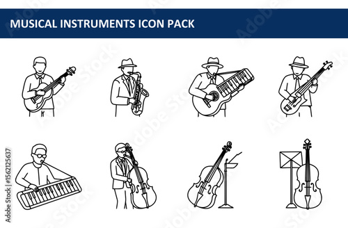 Musical instrument players in formal attire playing various instruments in a performance setting. Adult musicians playing guitars, saxophones, keyboard and double basses in a concert hall.