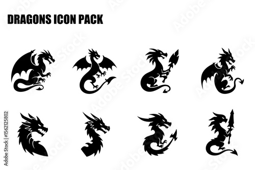 Black and white dragon icon pack with various poses and weaponry. Silhouettes of dragons in various stances against a plain white background for use in logo design or graphic design applications.