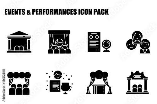 Black and white icons depicting various event and performance related imagery. Spectators in a theatre watching a performance.