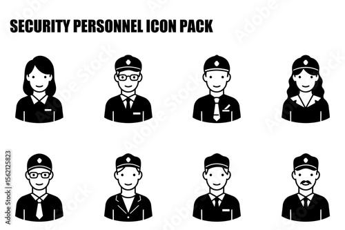Security personnel icons in various gender and age groups in formal wear. Portraits of diverse security personnel in a professional setting.