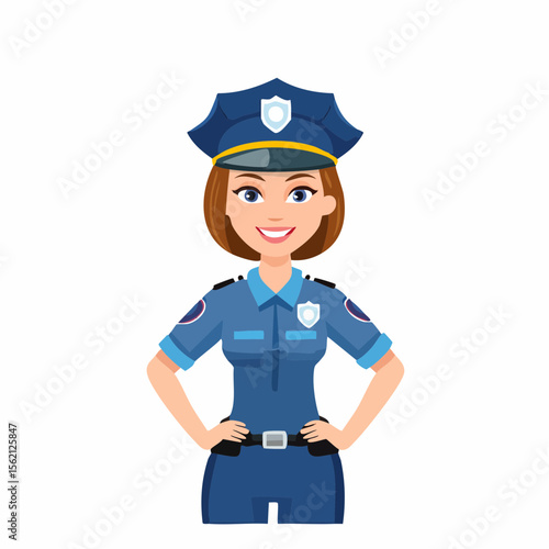 Funny cartoon police officer with a gun, a boy in a police uniform, and a woman cop character illustration
