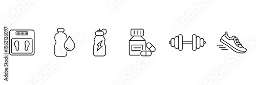 Fitness and nutrition icons with supplements hydration weight training energy bottle running shoes scale vector illustration set.