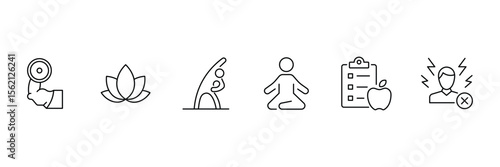 Healthy lifestyle fitness meditation yoga diet nutrition icon vector illustration for wellness routine stress relief activity outline healthcare plan symbol design.