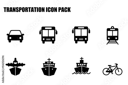 Transportation Icons for various modes of transport. Simple black silhouettes of vehicles, including car, bus, train, airplane, ship, and bicycle, displayed against a plain white background.