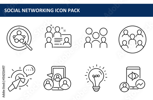 Social networking icons in a simple line art style for a digital platform. Modern design elements depict various social media actions and interactions.