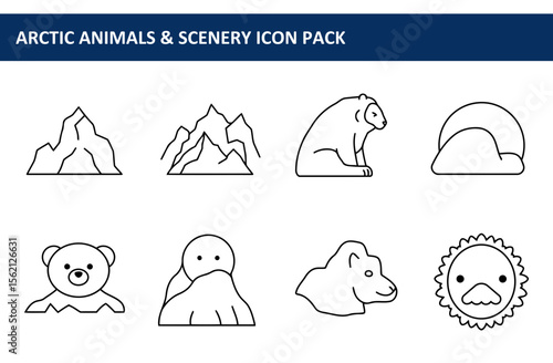 Arctic animals and scenery line icons in a flat design. Simple black outline illustrations of mountains, polar bear, snowdrift, sun, and polar bear cubs in a wintery habitat.