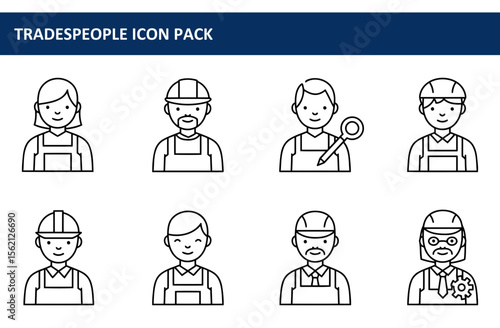 Line art icons of diverse tradespeople in various settings. Portraits of workers in protective gear, aprons and ties, holding tools, conveying different trades and occupations.