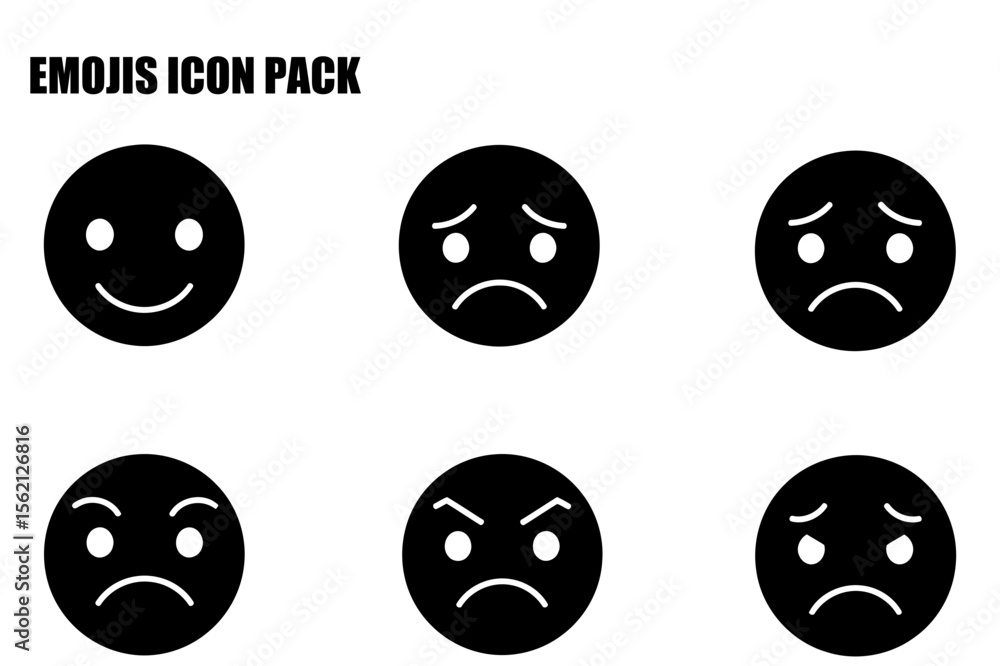 Emoji icon pack of various emotions displayed on a white background. Simple, black and white graphic icons for use in a digital interface. Emoji icon pack of various emotions displayed on a white background. Simple, black and white graphic icons for use in a digital interface.