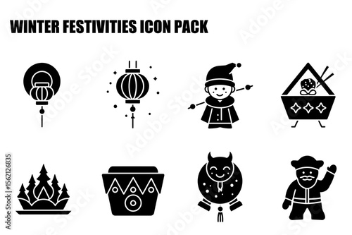 Winter Festivities Icon Pack. Collection of cultural icons for winter celebrations in a variety of styles, portraying various characters and objects from different traditions.