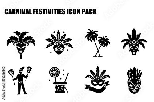 Carnival festivities icon pack featuring various carnival elements in a simplified black and white style.