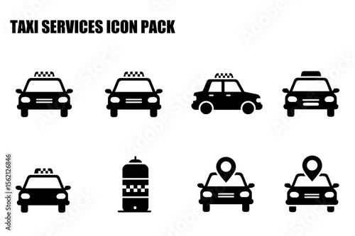 Taxi service icons in various views. Simple black and white taxi icons showcasing front, side and location-based views.