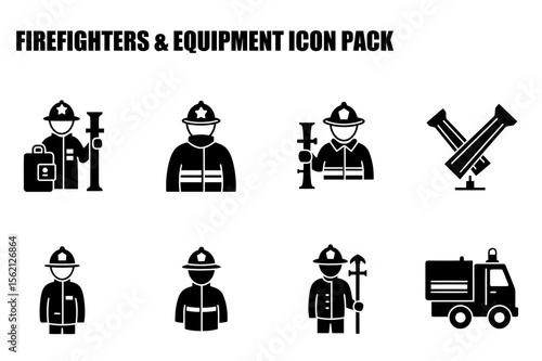 Firefighters and equipment icons in uniform/fire station. Various firefighters in action with fire trucks and tools. First responders in various roles on-site -