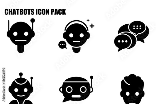Chatbot icons in various poses and with speech bubbles. Simple, stylized avatars of chatbots in a variety of expressions and actions.