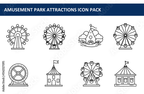 Amusement park attractions icon set featuring various rides and buildings. Simple line art illustrations of Ferris wheels, a carousel, and a pavilion.