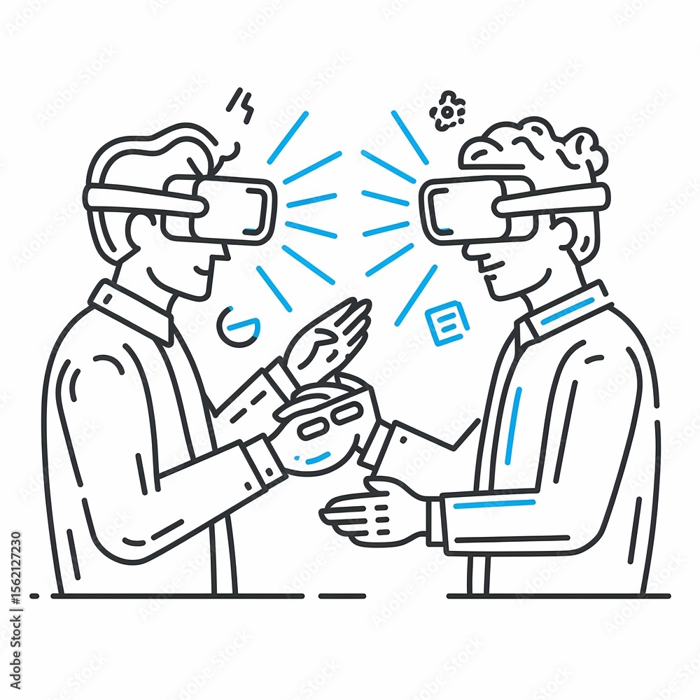 Two people engaging in virtual reality interaction in a modern setting Two people engaging in virtual reality interaction in a modern setting