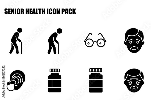 Senior health icons with various aids and support. Silhouette illustrations of older adults using assistive devices and medication.