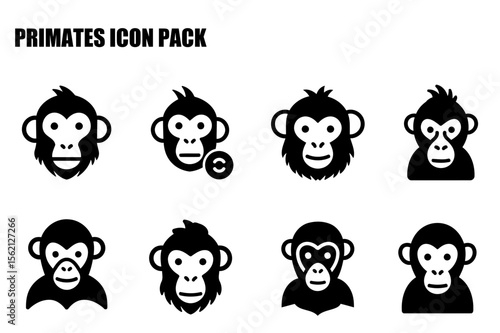 Primate icons in a simple, flat design. Various monkey head silhouettes presented against a plain white background.