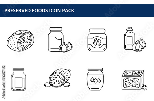 Preserved food icons in black and white line art style. Various preserved food items displayed in containers, emphasizing the process of preservation.
