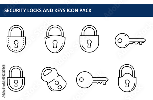 Security lock and key icons in a simple, outline style. Flat design lock and key illustrations for security and access themed projects.