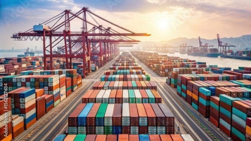 Wallpaper Mural A busy port at sunset with rows of colorful shipping containers and large cranes used for loading and unloading cargo ships. Torontodigital.ca