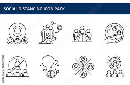 Social distancing icon pack depicting various scenarios and measures for maintaining distance in a simple, clean, and modern line art style.