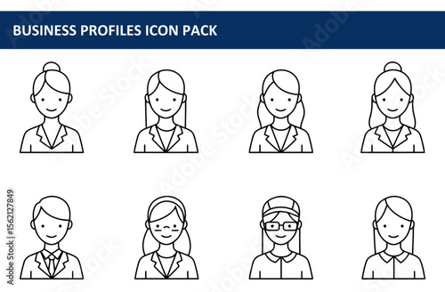 Business profile icons of diverse professionals in formal attire. Smiling individuals with various hairstyles and accessories, set against a plain white background.