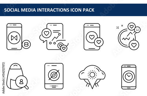 Social media interaction icons displayed in a digital setting. Simple line drawings of mobile apps and social media analytics with various interactions.
