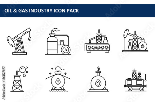 Oil & gas industry icons with various equipment in a simple line art style.