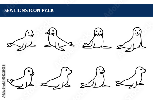 Sea lion outline illustrations in various poses on a white background. Simple black line art of different sea lion postures.