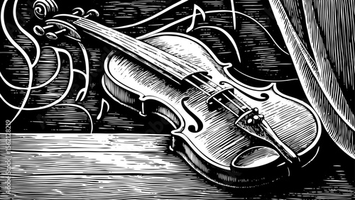 elegant violin with swirling music notes floating around it, perfect for classical concert posters, music school branding, fine art prints or wrist tattoos a black and white line art illustration