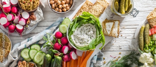 The colorful spread of fresh vegetables and healthy snacks on a rustic table.