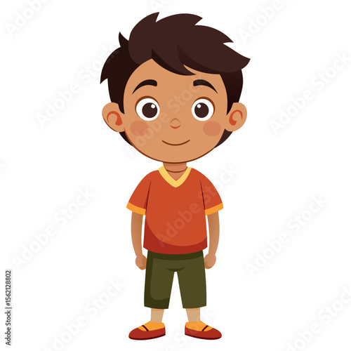 Latino boy, neutral expression, calm child, full body boy, full-length boy, standing boy, Hispanic boy, cartoon boy, child character, white background, flat design, boy avatar, boy clipart, child vect