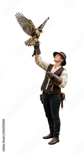 Falconer with a hawk taking flight