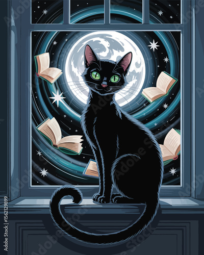 Whimsical black cat on moonlit windowsill with glowing stars, ethereal books in a dreamy cosmic scene