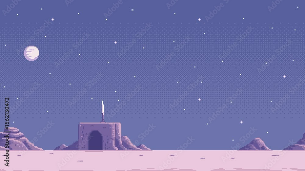 Pixel art game level background animation of a night sky with a slowly moving moon over an alien landscape.