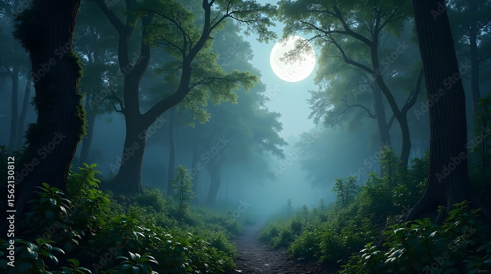 A mysterious path winds through a misty, enchanted forest under the glow of a full moon. A fantasy scene evoking magic, mystery, and adventure. A mysterious path winds through a misty, enchanted forest under the glow of a full moon. A fantasy scene evoking magic, mystery, and adventure.