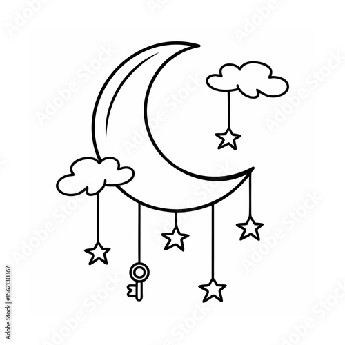 A crescent moon with clouds stars a key for a baby or child vector
