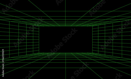 Empty futuristic 3D wireframe green room. Vector perspective grid. Cyberspace background. Box with digital space in virtual reality.