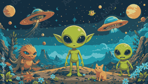 Three friendly green aliens and a furry orange creature greet a curious cat on an alien planet under a night sky full of flying saucers and stars.