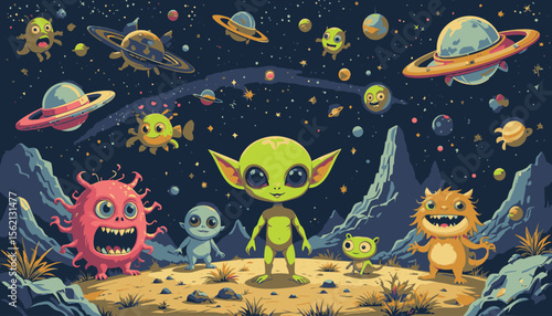 A cute green alien stands proudly on an alien planet, surrounded by friendly monsters, other aliens, and planets in a vibrant, cartoonish space scene.