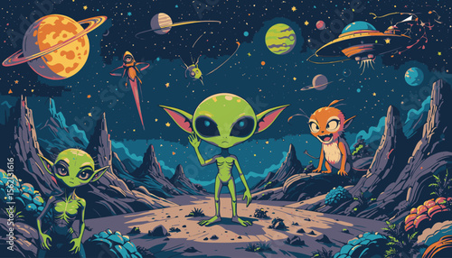 Friendly green alien with big eyes greets visitors on an alien planet, surrounded by other creatures, UFOs, and planets in a vibrant, cartoonish illustration.