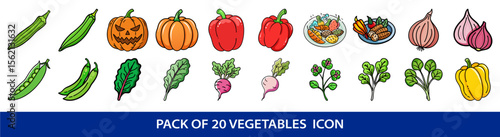 Variety of colorful vegetable icons including okra, peppers, pumpkin and leafy greens