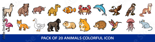 A Collection of Twenty Adorable Cartoon Animals in Colorful Icon Style
