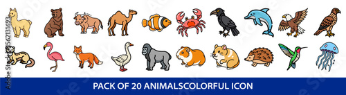 A colorful collection of twenty different animal icons in cartoon style