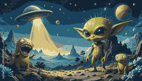 Three cute alien creatures encounter a UFO in a vibrant, otherworldly landscape, creating a whimsical and imaginative scene perfect for science fiction or fantasy projects.