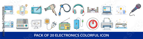 Colorful Icon Set Featuring Various Electronics and Devices for Modern Living